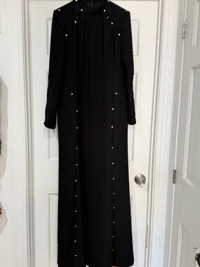 Platlogy Black Long Sleeve Pearl-Trim Maxi Dress
